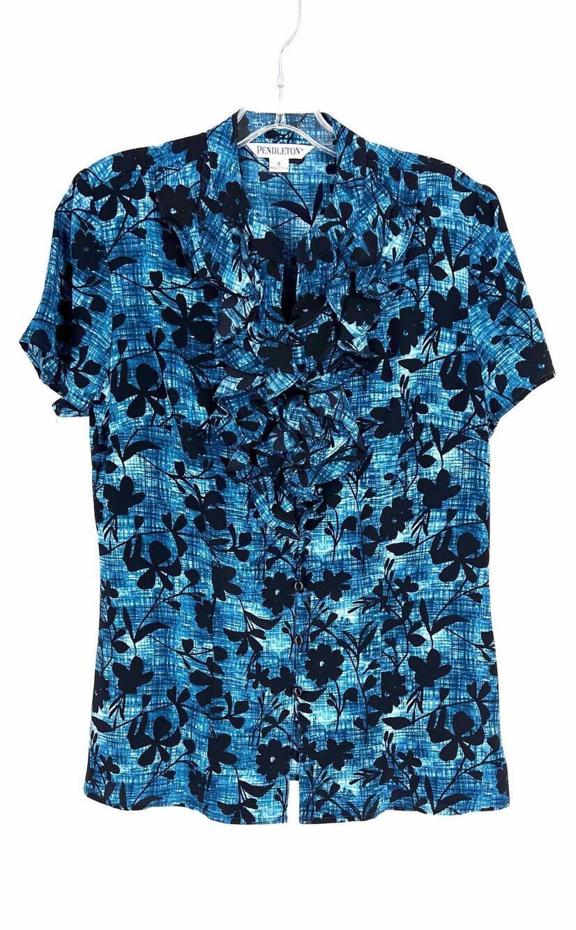 Pendleton Size 8 Teal/Black Floral Print Designer Blouse